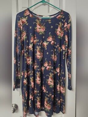 Cherish Navy Floral Long Sleeve Tunic with Pink Roses